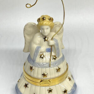 White Blue Gold Stars Christmas Angel Porcelain Trinket‎ Box Lenox